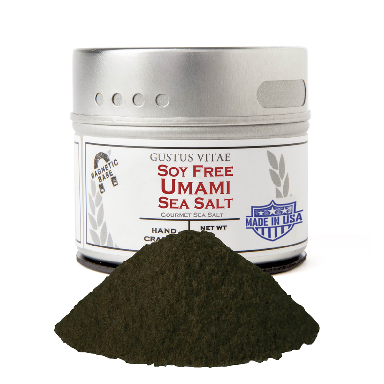 Soy-free umami sea salt in labeled jar with dark green seaweed pile