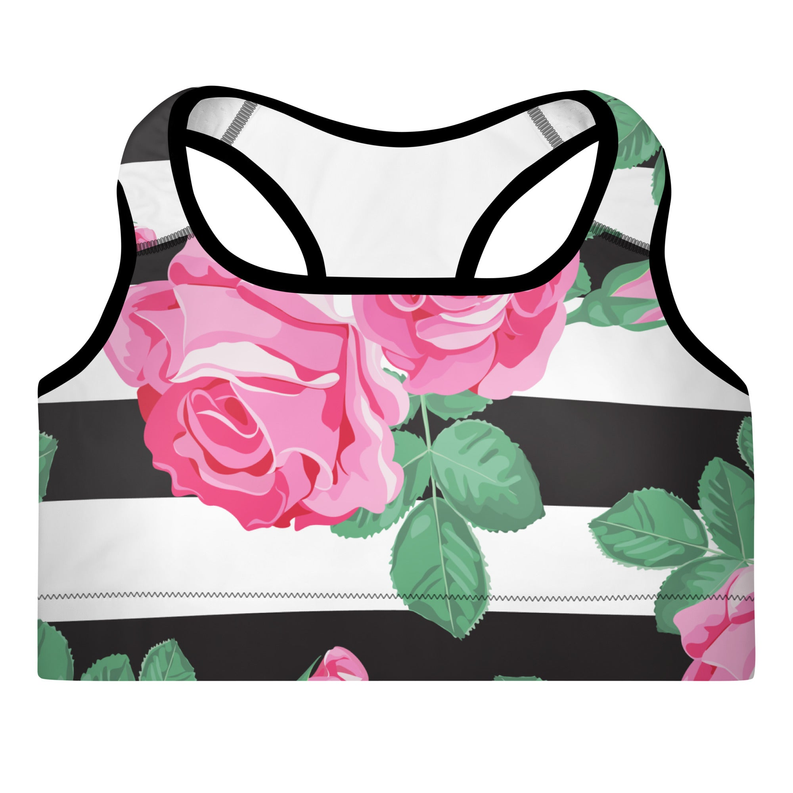Padded sports bra with pink rose and green leaf print, black trim, racerback