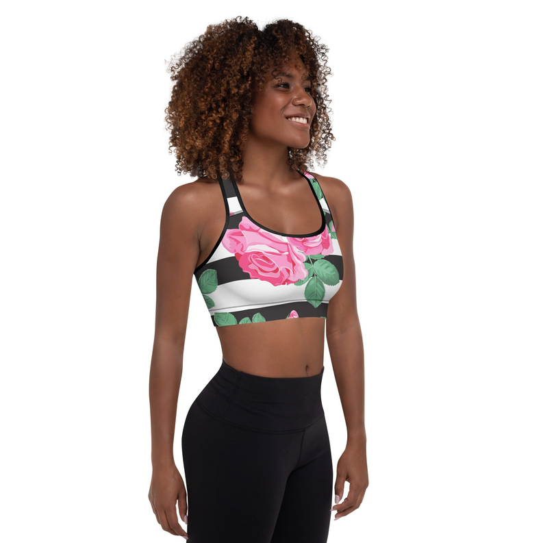 Pink rose print padded sports bra, black scoop neckline and racerback straps