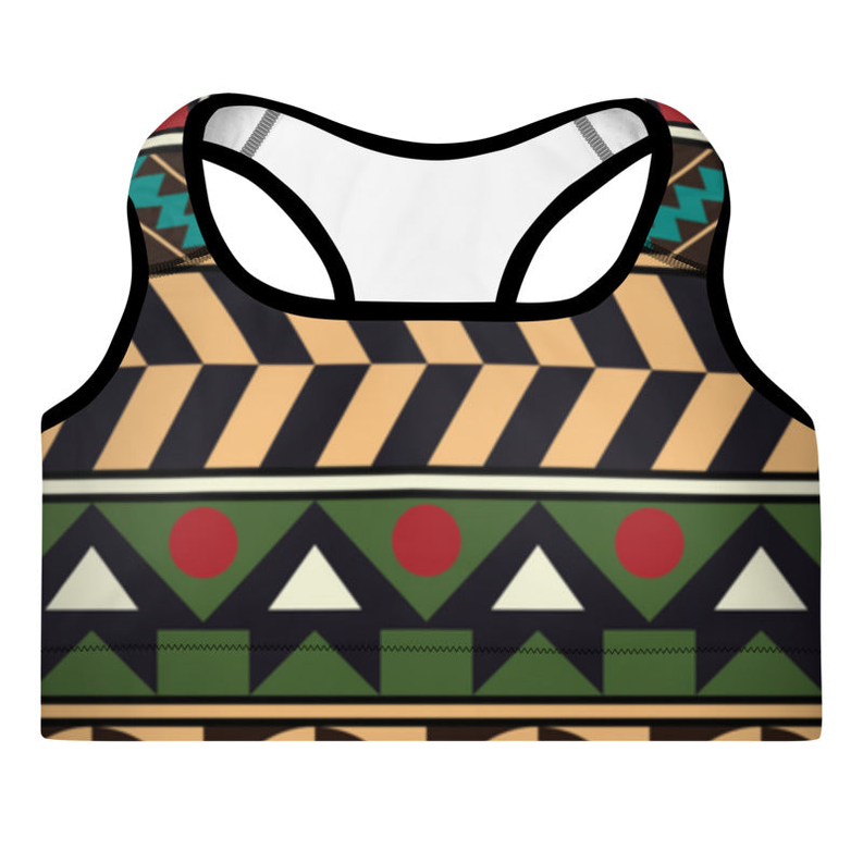 Padded sports bra with bold geometric print, scoop front and wide straps