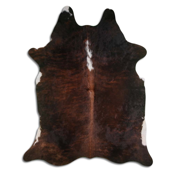 Cowhide rug with dark brown cow hair and white belly center patch