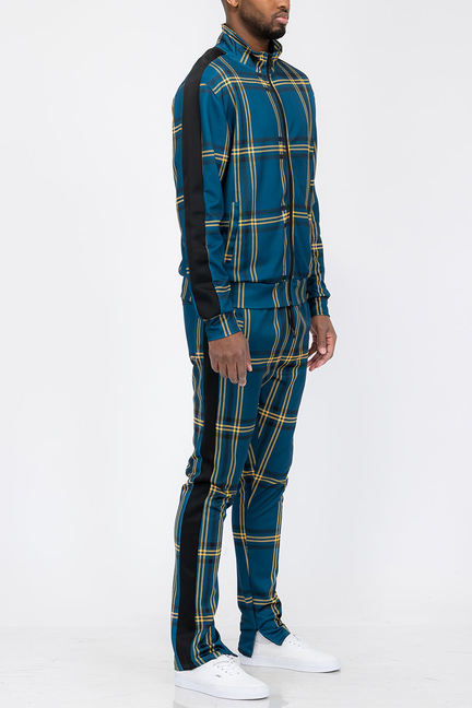 Plaid track set with zip-up hoodie and matching jogger pants, blue and yellow on dark base