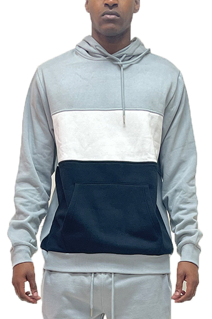 Color-block pullover hoodie in gray, white, and dark navy with front pouch and drawstring hood
