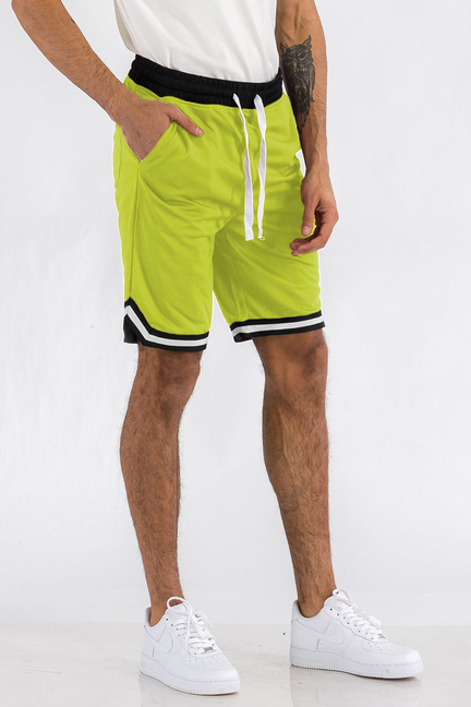 Lime sport shorts with white drawstring, black trim, and striped hem cuffs