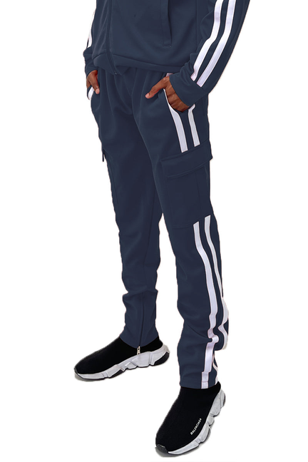 Navy cargo pants with two vertical white stripe panels, side pockets, and cuffed ankles