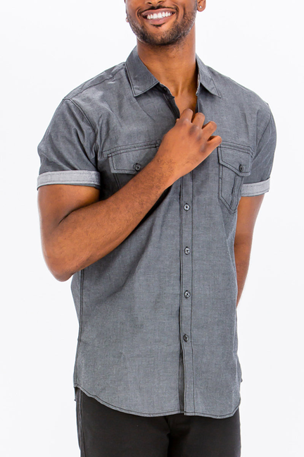 Dark gray short-sleeve button-up shirt with subtle vertical stripes and chest pocket.
