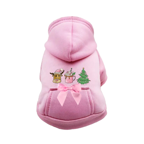 Pink dog hoodie with hood, front pocket, holiday reindeer graphic and bow