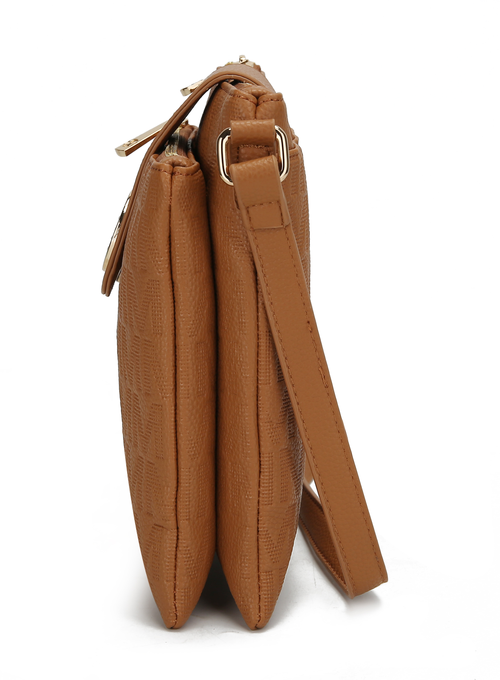 Brown leather-look crossbody bag side view with adjustable strap and buckles