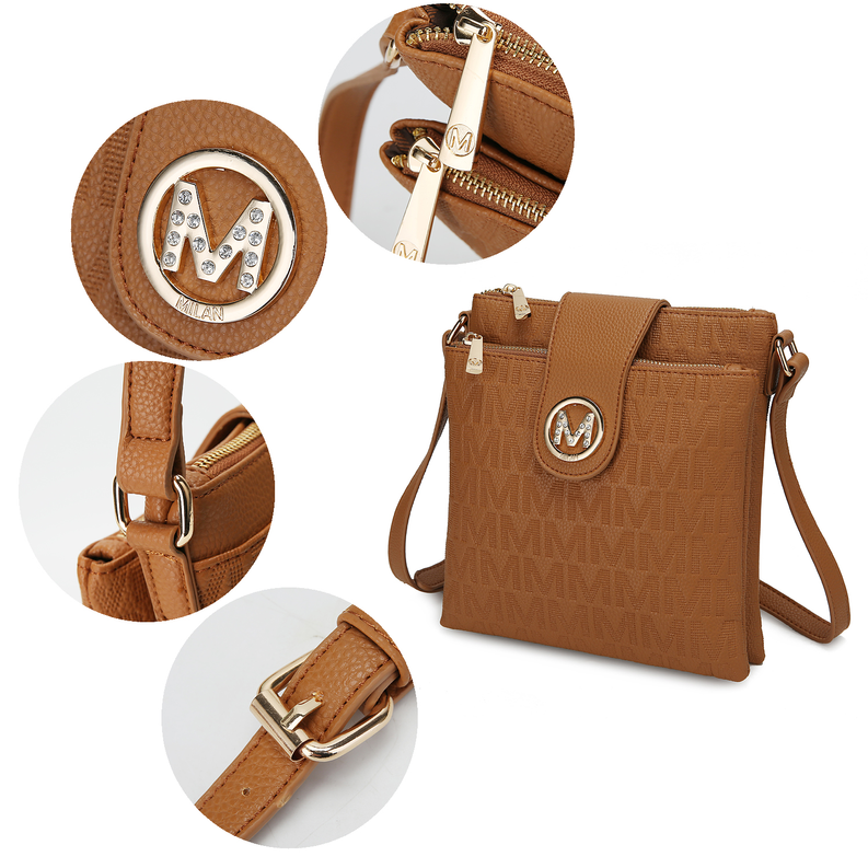 Brown signature crossbody bag with close-up logo, zipper pull, and strap details