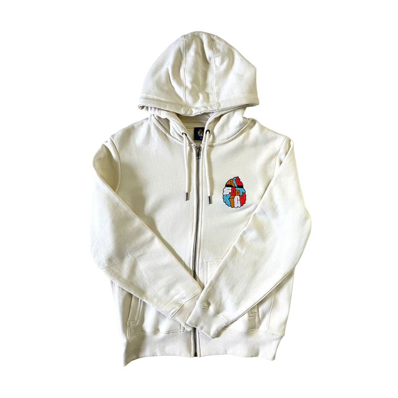 Natural zip-up hoodie with hood, front zipper, and small chest character logo