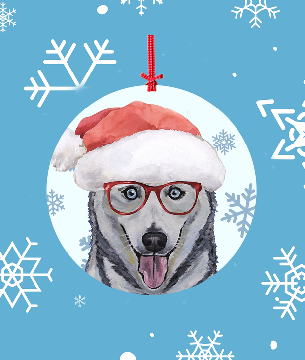 Christmas tree ornament of grey Siberian Husky wearing Santa hat and red glasses