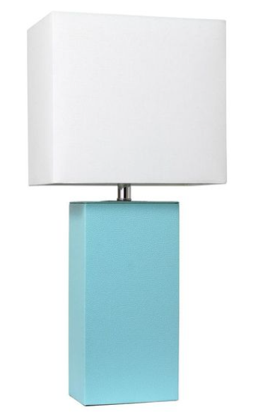 Modern table lamp with white fabric drum shade and light teal rectangular base