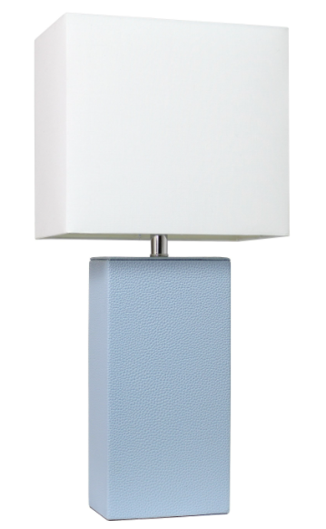 Modern table lamp with white fabric shade and rectangular textured blue base