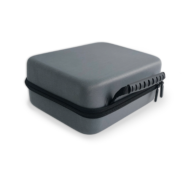 Slate gray zippered battery storage case with textured top and zipper closure