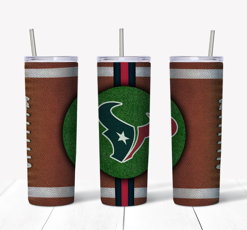 Stainless steel tumbler with football team logo wrap and clear lid, straw included