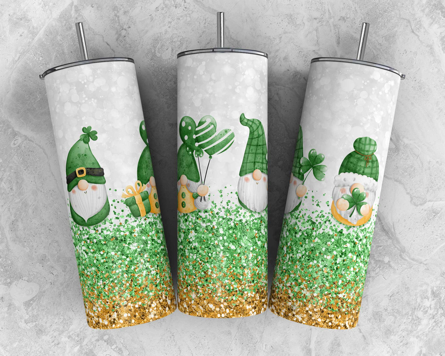 Set of three stainless steel tumblers with green gnomes and shamrocks, glittery gold base
