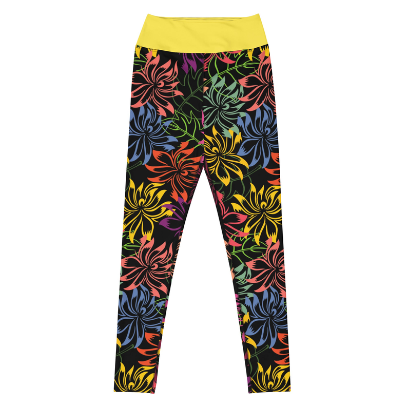 Floral yoga leggings with yellow waistband; black base with multicolor floral pattern front view.