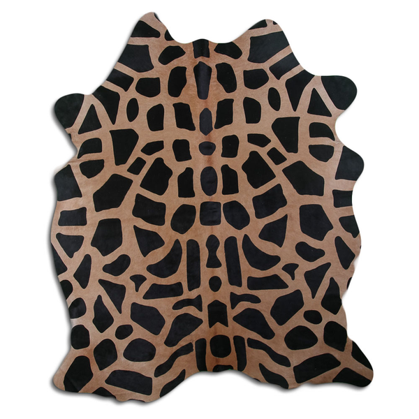 Printed cowhide rug with giraffe pattern in tan and black