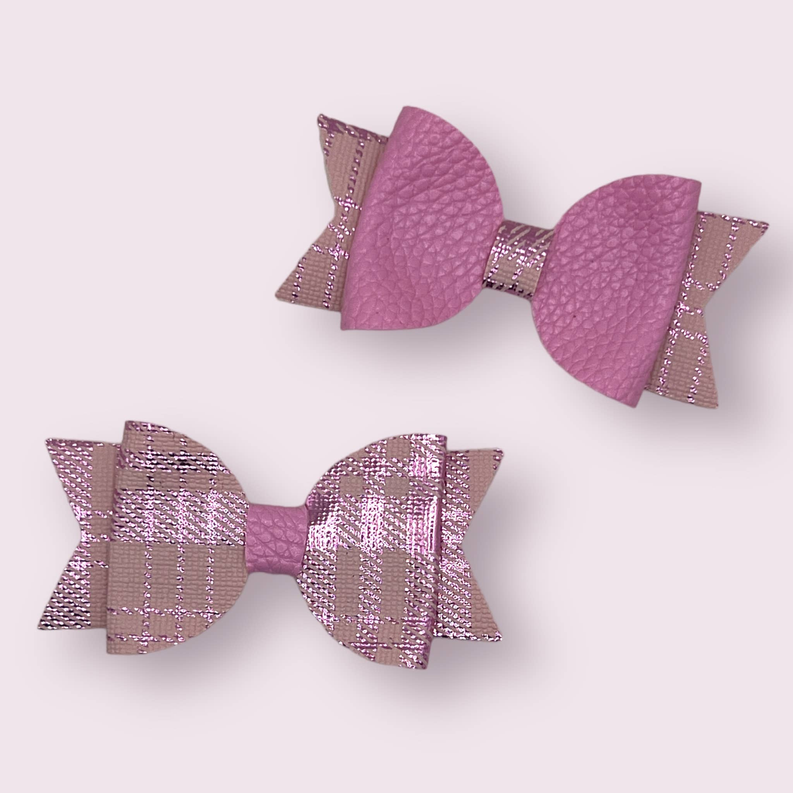 Purple tartan leatherette dog hair bow with silver glitter stripe