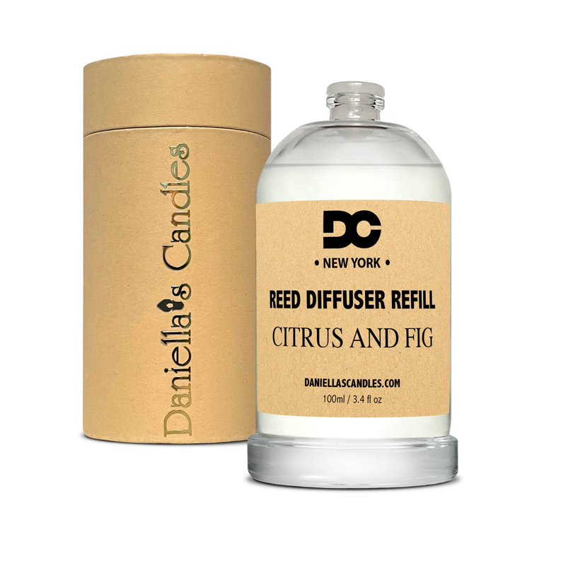 Reed diffuser refill oil bottle with kraft box, clear glass and beige label, 3.4 oz/100 mL