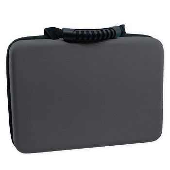 Black battery storage case with carry handle and zippered top