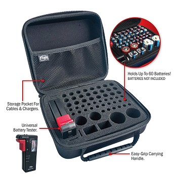 Open black battery storage case with foam compartments for batteries, chargers, and tester