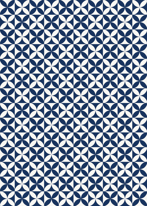 Indoor/outdoor vinyl floor covering with navy and white geometric tile pattern