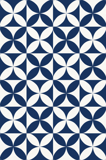 Indoor/outdoor vinyl floor covering with close-up navy and white geometric flower pattern