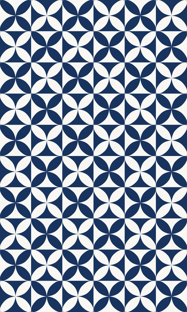 Indoor/outdoor vinyl floor covering with repeating navy and white clover ring pattern