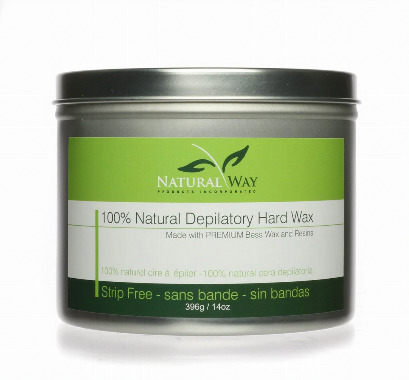 Natural Way depilatory hard wax jar, green label on a clear-lid container