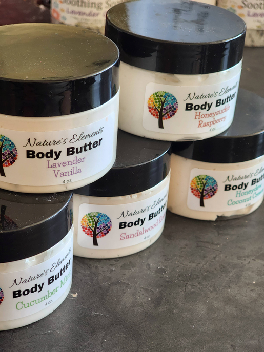Whipped body butter jars with assorted scents, including Lavender Vanilla and Cucumber Mint