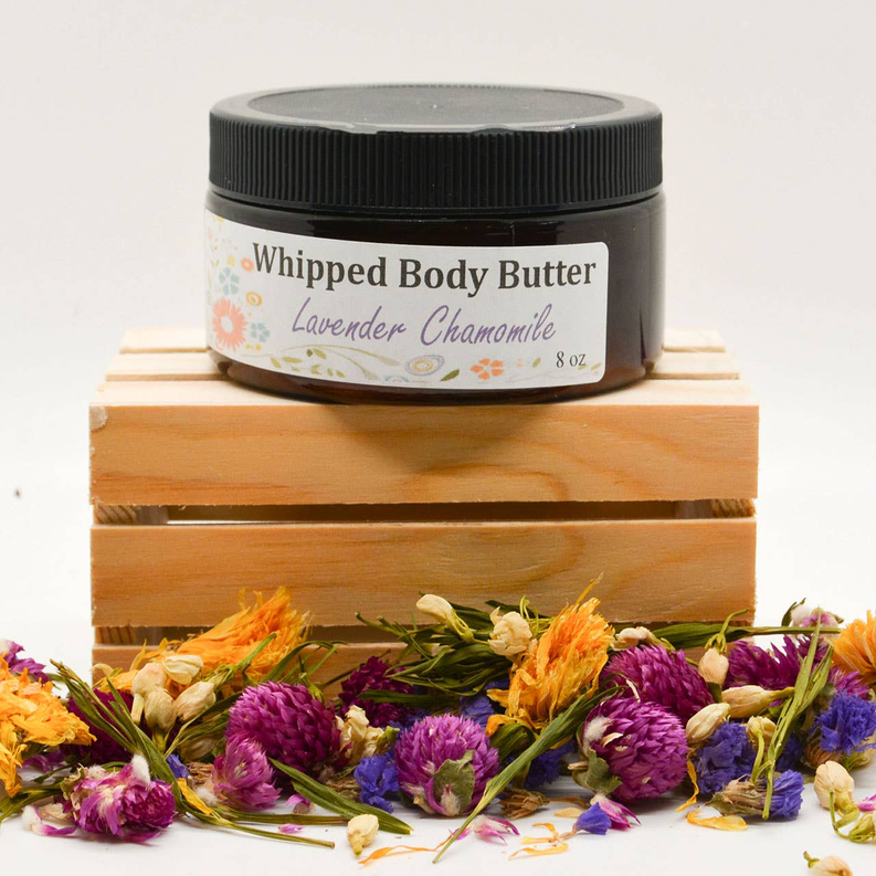 Whipped body butter jar, Lavender Chamomile scent, black lid, 8 oz