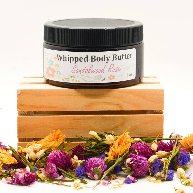 Whipped body butter jar, Sandalwood Rose scent, black lid, 8 oz