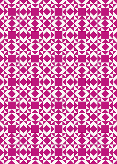 Geometric vinyl floor covering with magenta and white diamond blocks pattern
