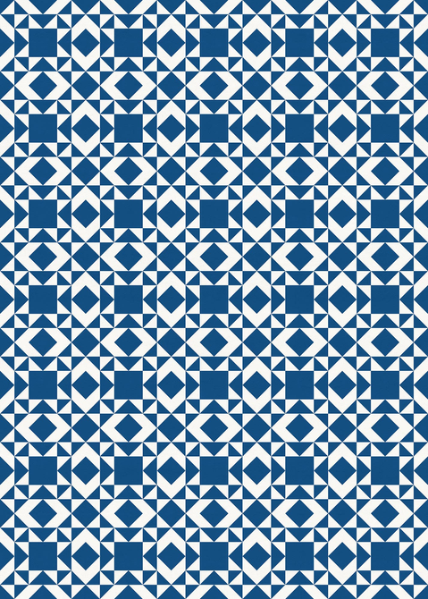 Geometric vinyl floor covering with blue-and-white diamond and square pattern