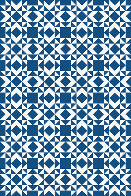 Blue-and-white geometric vinyl floor covering with repeating square-and-diamond motif