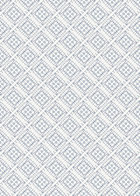 Geometric vinyl floor covering in white with blue repeating lattice medallion pattern