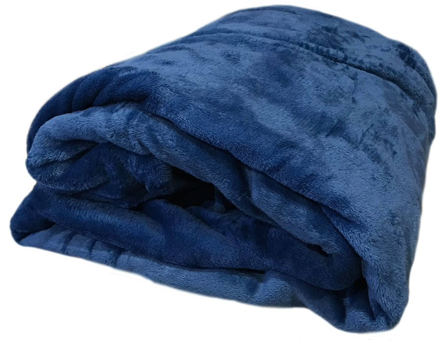 Navy plush throw blanket, thick folded roll with velvety texture