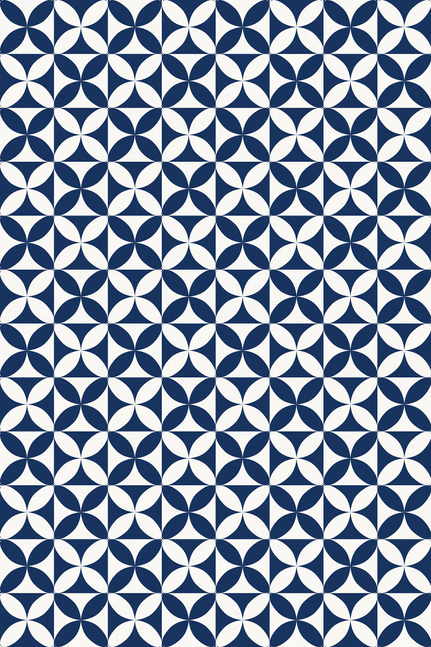 Vinyl floor covering with repeating blue and white rosette tile pattern