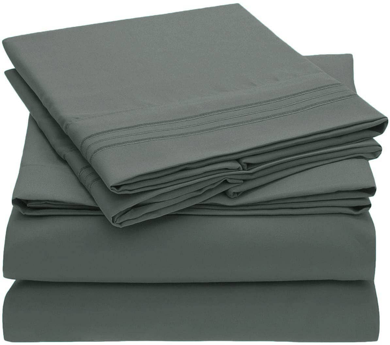 Dark grey sheet set: folded flat sheets with smooth wrinkle-resistant fabric