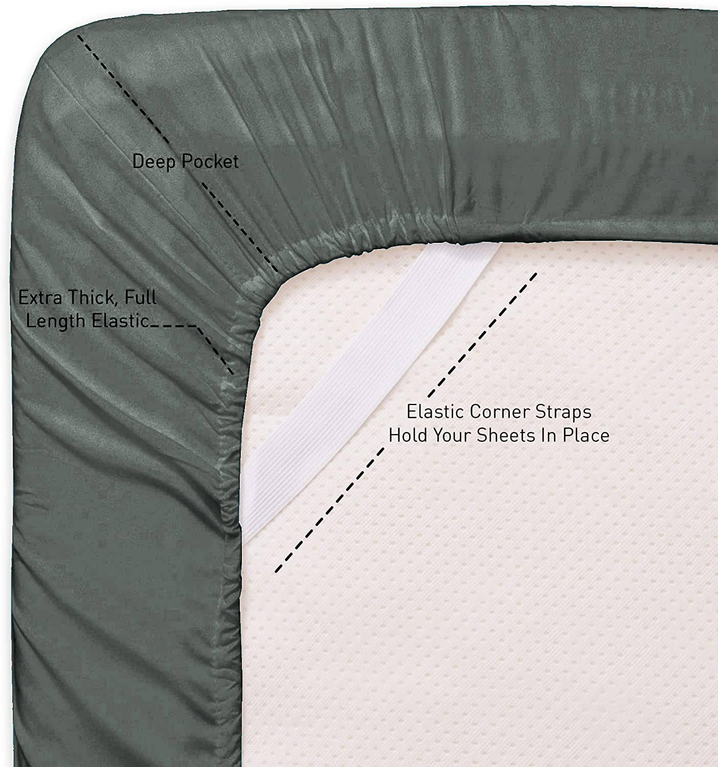 Dark grey fitted sheet with deep pocket and elastic corner straps for secure fit
