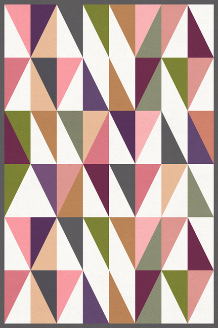 Geometric vinyl floor covering featuring stacked pink, purple, green, and cream triangles