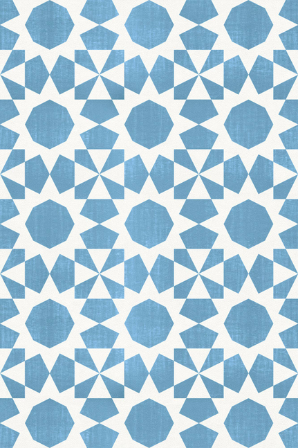 Geometric vinyl floor covering showing large blue hexagon and octagon motifs on white
