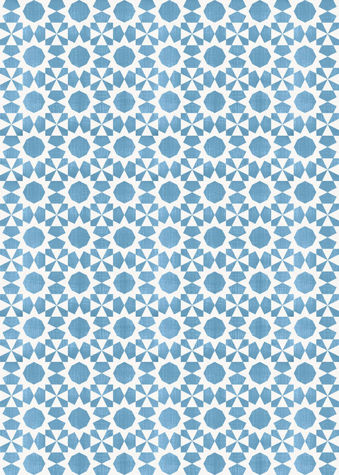 Geometric vinyl floor covering with blue and white repeating geometric motifs pattern