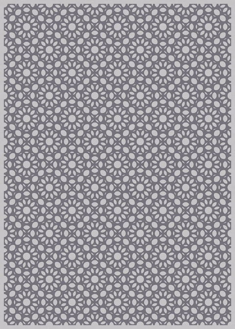 Geometric vinyl floor covering, Dahlia Gray, featuring repeated circular rosette motif
