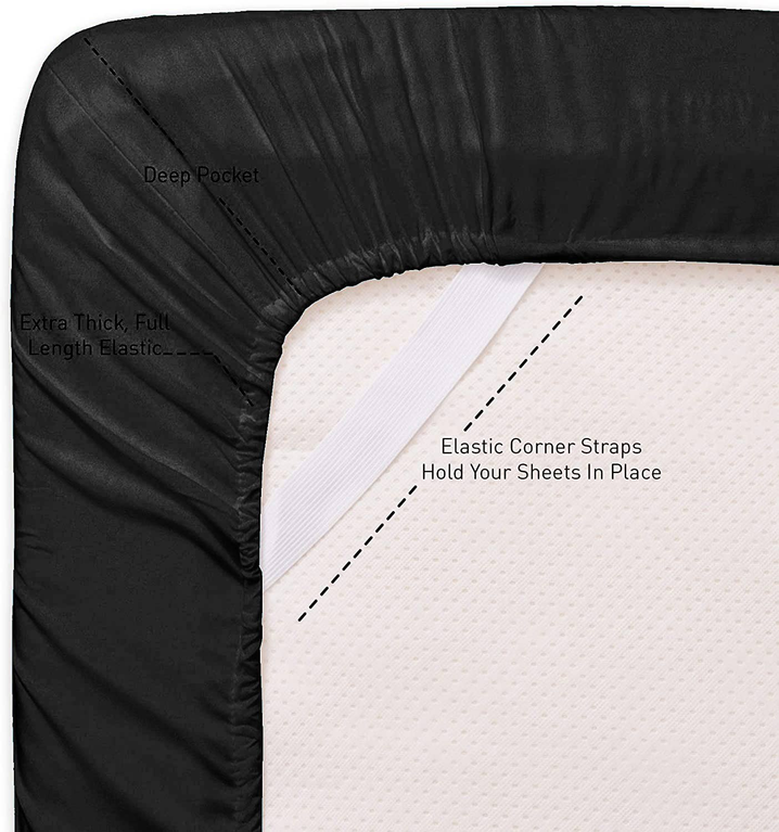 Black fitted sheet with elastic corner straps and deep pocket edge