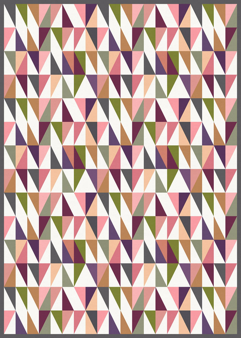 Multicolor geometric vinyl floor covering with repeating triangle blocks
