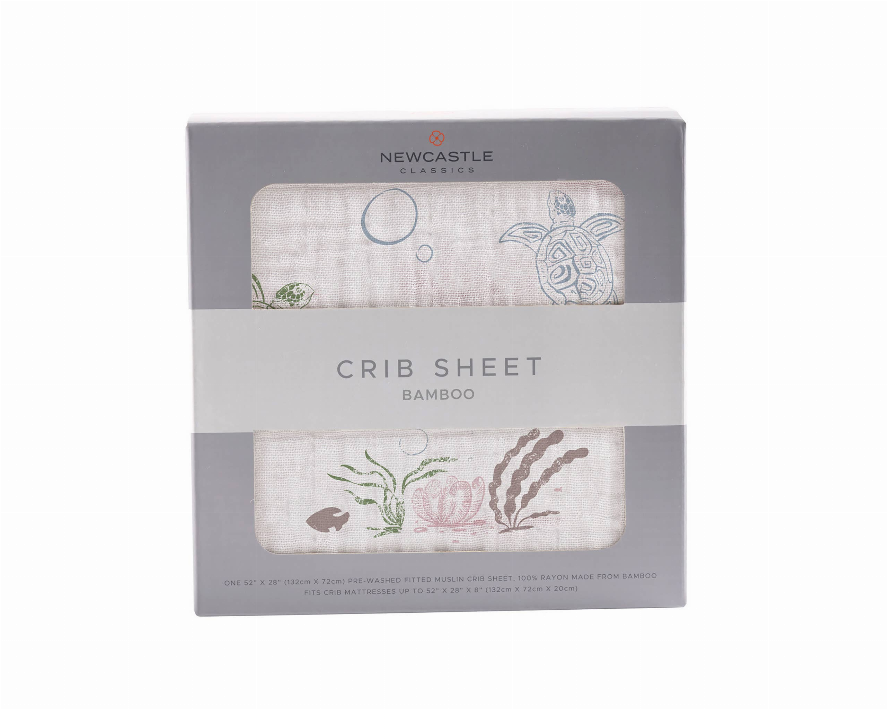 Turtles crib sheet packaging showing sea-life pattern and “Crib Sheet” text