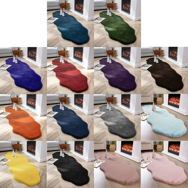 Faux rabbit fur shaggy plush area rug set, oval rugs in blue, green, red, purple
