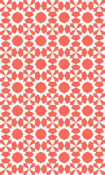 Vinyl floor covering featuring a red-and-white geometric pattern of circles and pinwheels